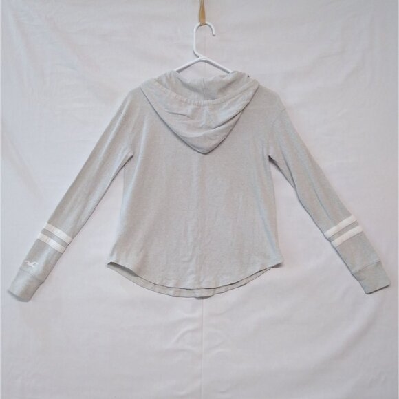 Hollister California XS Gray Hooded Long-Sleeve Top Striped Sleeves & Drawstring - Picture 3 of 8